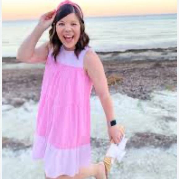 Duffield Lane Pink White Striped Adele Tiered Dress Size Large - Picture 2 of 13